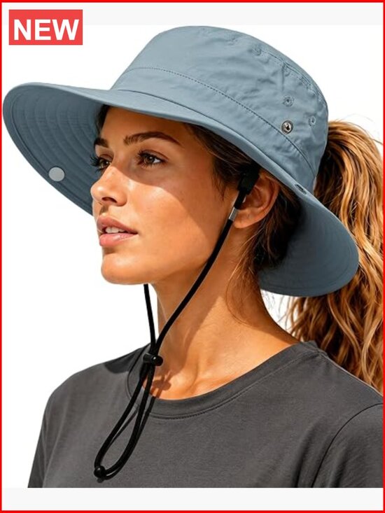 Wide Brim Sun Hat with Ponytail Hole UPF 50+ Waterproof Packable Chin Strap
